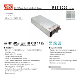 Alimentation LED Mean Well RST-5000-48 à montage sur châssis, 5040W, 48V, 105A, triphasé AC-DC avec PFC, boîtier en aluminium, garantie 5 ans, haute efficacité - Product Image 2