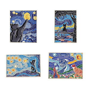 Broche en métal haut de gamme, série Peinture à l'huile Van Gogh, moulée par injection, électroplaquée noire, finition peinture au four, motif fleur de poitrine, polyvalente - Product Image 1