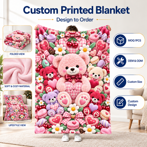 Manta de Franela con Estampado Personalizado de Osito de Peluche Rosa y Corazones de Cereza, para Decoración de Dormitorios y Regalos de Cumpleaños, Venta al Por Mayor - Product Image 1