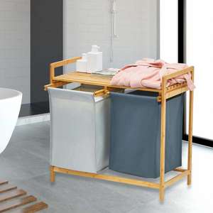Panier à linge et étagère en bambou, panier à linge à double compartiment avec sac amovible, organisateur et rangement à linge à 2 sections - Product Image 5