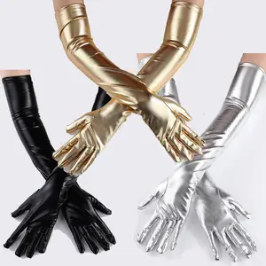 Q30773 Evening Party Costume Cosplay Dress Accessories 21 inches Women Gold Silver pu Leather Metallic Gloves