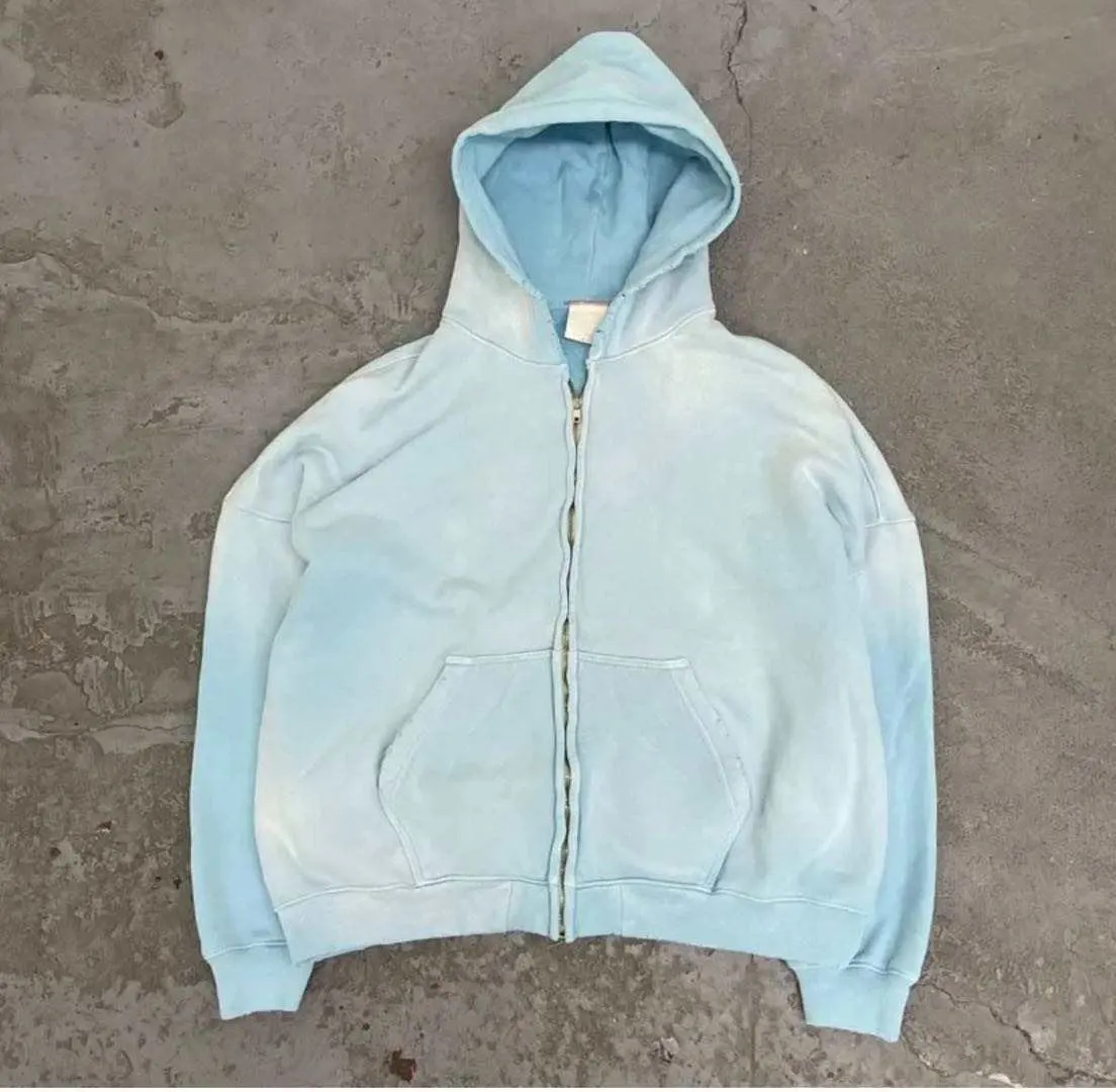 Custom Women Men Boxy Vintage 400gms 500gsm Heavyweight Sun Faded Distressed Aged Baby Blue Acid Wash Zip Up Hoodie