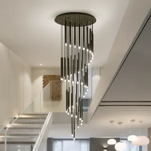Lámpara de araña de escalera moderna personalizable, luz colgante negra para villa, escalera de caracol, candelabro largo de lujo