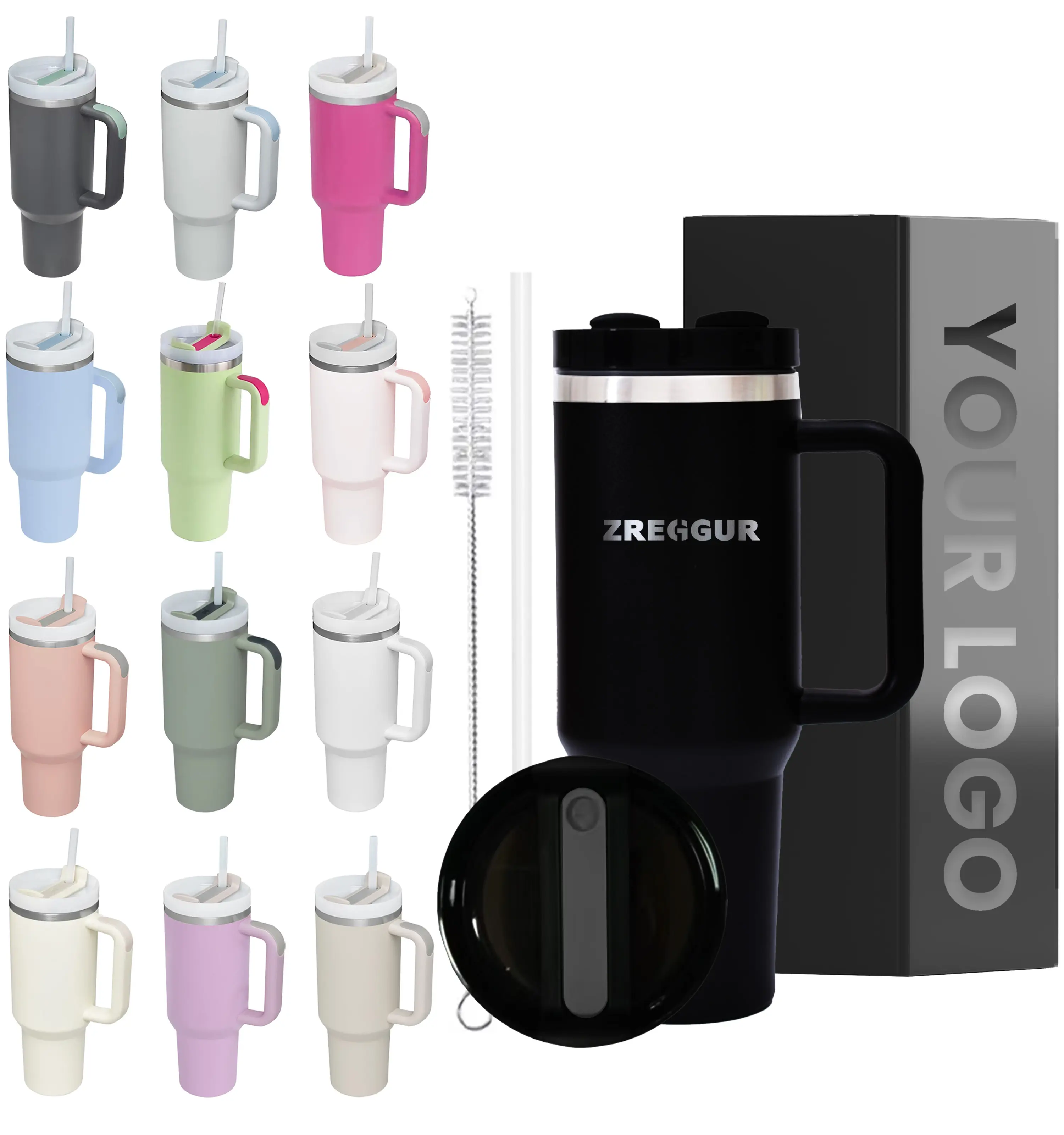 Wholesale Customized Double Wall Vacuum Eco-Friendly Powder Coated Stainless Steel 40oz Travel Mug with Handle and Straw