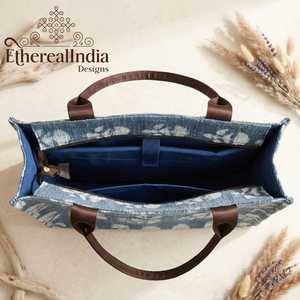 Sac fourre-tout en coton bleu indigo imprimé au bloc, sac à bandoulière géométrique, sac de voyage et de marché fait main - Product Image 4