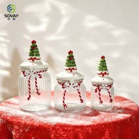 Stoples Kue Kaca Tutup Pohon Natal, 3 Ukuran 270ml 650ml 950ml, Wadah Bening Bergaris, Kontainer Penyimpanan Makanan Kering Dapur