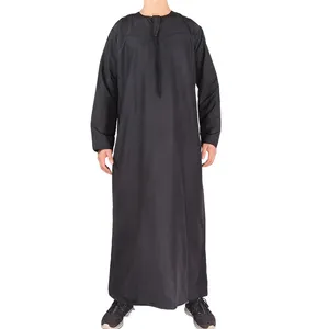Traditional Black Muslim Black Oman Men Thobe Long Sleeve Cotton Jubbah