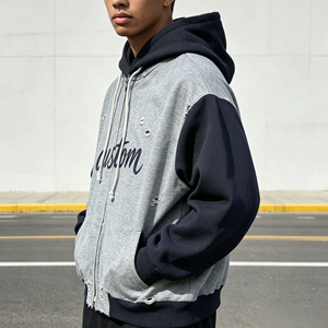 Sweat-shirt à capuche zippé personnalisé avec impression de lettres, style streetwear oversize pour homme, effet vintage usé - Product Image 4
