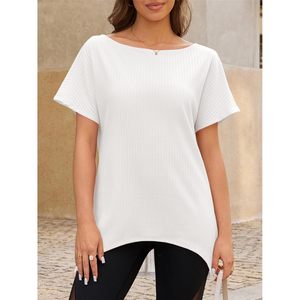 Haut en tricot côtelé pour femmes, épaules dénudées, manches courtes, tunique décontractée d'été, ourlet asymétrique, blanc - Product Image 4