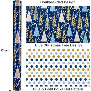Reversible Christmas <b>Wrapping</b> <b>Paper</b> Blue Navy Tree Polka Dot Design 46.8 Sq Ft Roll Gift Craft Packaging - Product Image 3