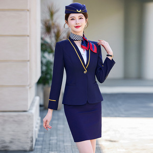 Flight Attendant Uniform Women Long Sleeve Navy Blue Polyester Airline Workwear Spring 2025 HN980 - Product Image 1