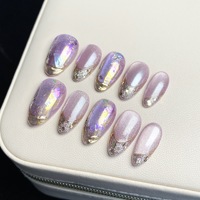 Faux ongles à presser 3D faits main, violet pastel rose, forme amande, avec strass argentés scintillants, très demandés, fournisseur de manucure élégante