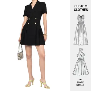 Женское Формальное мини-платье на пуговицах на заказ, элегантное плиссированное платье с коротким рукавом и лацканами, твидовое женское Деловое платье для карьеры