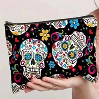Dompet Meksiko Suvenir Tengkorak, Tas Meksiko Tengkorak, Tas Makeup Cetak Digital Halloween, Tas Penyimpanan Kosmetik Perjalanan