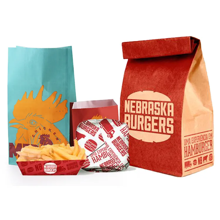 Custom printed biodegradable food delivery paper bags with your own logo burger fries fried chicken packaging takeaway paper bag