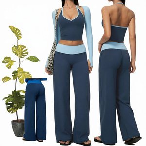 Solid Color Yoga Set Crew Neck Racerback Crop Top High Elastic Waist <b>Shorts</b> 2 Piece <b>Seamless</b> Spandex Polyester Anti-Bacterial - Product Image 3