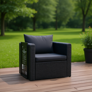 Single Garden Sofa <b>Black</b> PE Rattan Steel <b>Frame</b> Outdoor Furniture Contemporary Design One Seat High-Density Foam Cushion - Product Image 2