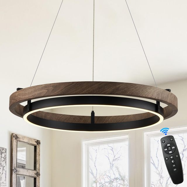 TSINYE LED Dimmable Chandelier Modern Ring Chandelier for Dining Room Farmhouse Wooden Chandelier Lighting with Remote Control