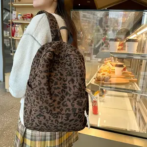 Large capacity corduroy <b>leopard</b> <b>print</b> youth <b>backpack</b> for women's school leisure travel bag - Product Image 6