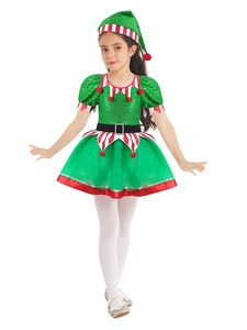 Costume d'elfe de Noël pour filles de 2 à 16 ans, robe à paillettes avec capuche d'elfe, manches bouffantes, ceinture pour fête de Noël, spectacle sur scène - Product Image 2