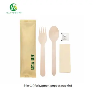 4-in-1 Content Fork Spoon Pepper Napkin 16cm Compostable Printing Ecolife Disposable Wooden Cutlery Set