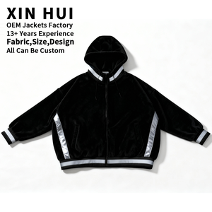 Custom Logo Winter Leather Oversized Velvet Fleece Hoodie <b>Men's</b> Streetwear Reflective Striped Zip <b>Jacket</b> Heavyweight Loose Fit - Product Image 1