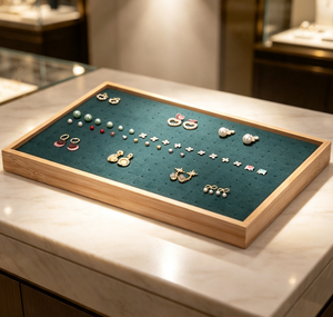Plateau de présentation pour boucles d'oreilles en velours avec cadre en bois de bambou, idéal pour le rangement et la présentation de bijoux sur comptoir, collection personnelle - Product Image 5