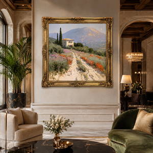 Pintura al Óleo de Villa <span class=keywords><strong>Toscana</strong></span>, Paisaje Campestre con Flores Silvestres, Hecha a Mano, Tamaño Personalizado, Lienzo con Marco Dorado, Arte de Pared para Hotel o Resort - Product Image 3