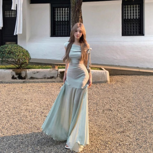 Vestido de malla verde estilo francés para mujer, largo hasta el suelo, cintura natural, asimétrico, de gasa, color liso, poliéster/algodón, para verano - Product Image 5