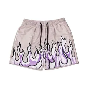 Custom Logo Flame Printed Basketball Shorts Sports Casual Breathable Polyester Quick Drying Fitness Mesh Shorts For Men