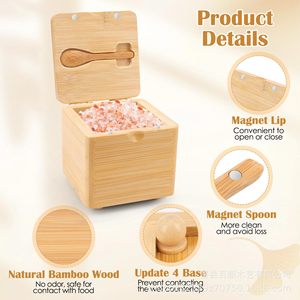 Boîte à épices en bois avec couvercle magnétique et base pour le rangement des condiments de cuisine, couleur bois naturel - Product Image 3