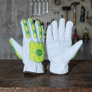 Gants de travail en cuir PU blanc avec embouts et paume antidérapants verts, poignet élastique, gants de sécurité polyvalents - Product Image 3