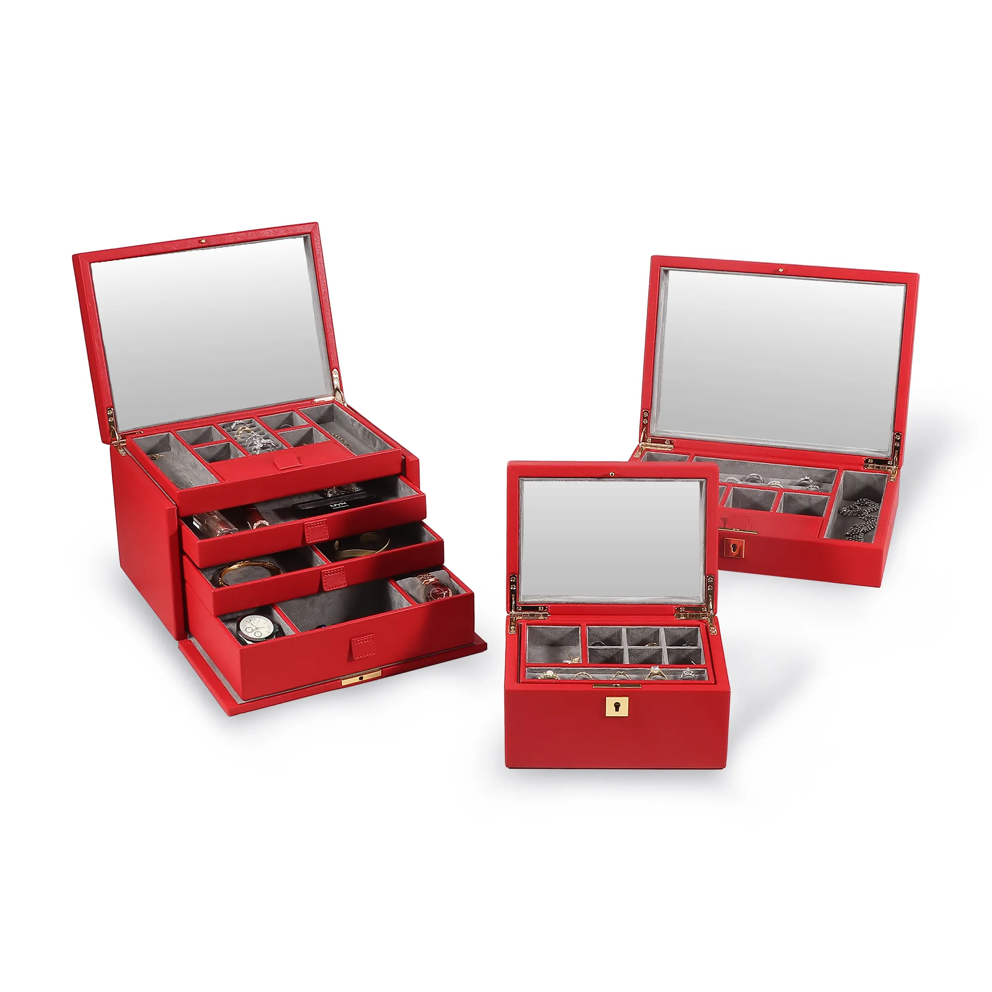 صندوق مجوهرات كبير وردي أحمر قابل للتخصيص عالي الجودة PU صندوق للمرآة فاخر بتصميم عتيق منظم مجوهرات