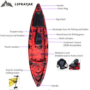 قارب تجديف من البلاستيك الفردي لشخص واحد من Lake River ، قارب كاياك مصبوب للصيد الترفيهي مع محرك لمقعد المجذاف - Product Image 5