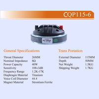 Tweeter à compression cQP115-6 40W 8Ohm, diaphragme en titane 26MM, aimant en ferrite de strontium, haute fréquence 1.2KHz-17KHz