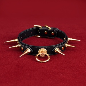 Gothic Leather BDSM <b>Collar</b> with Metal Rivets, Adjustable PU Neck Choker Optional Chain, Gold & Silver Studded <b>Bondage</b> Accessory - Product Image 2