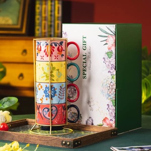 Ensemble de tasses en céramique empilables avec support en fer – Tasses à eau et à petit-déjeuner pour la maison - Product Image 4