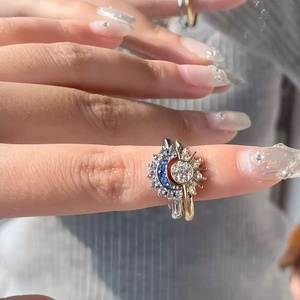 Thời trang không gây dị ứng Bohemian Minimalism S925 Sterling Bạc mở có thể điều chỉnh mặt trời trăng Cubic Zirconia vài chiếc nhẫn cho những người yêu thích - Product Image 2