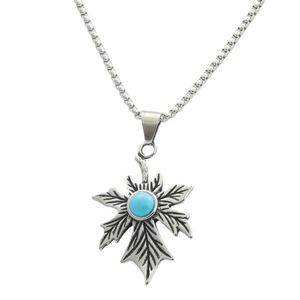 yunnique Stainless Steel Turquoise Pendant Necklace Men's Plant Shape Retro Geometric Design Bezel Setting Fashion Jewelry - Product Image 5