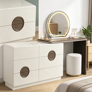 Tocador de maquillaje moderno blanco con espejo LED redondo, gabinete de almacenamiento y taburete para dormitorio. - Product Image 4