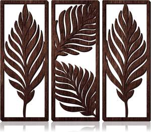 3 Pcs Home Boho Decor Accent Rustique Feuille de Palmier Art Mural en Bois Sculpture Suspendue Plante Tropicale Vintage Panneaux Bois Plaque - Product Image 1