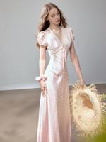 Robe de soirée longue Nicecover, best-seller, rose bonbon à pois, en satin, avec manches bouffantes et bordure en dentelle, amincissante, idéale pour les rendez-vous et le thé de l'après-midi