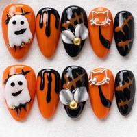 Lot de faux ongles Halloween carrés courts noirs, style French Drip, à presser, peints à la main, motifs chauve-souris, fantômes, étoiles, avec paillettes rouges, en acrylique