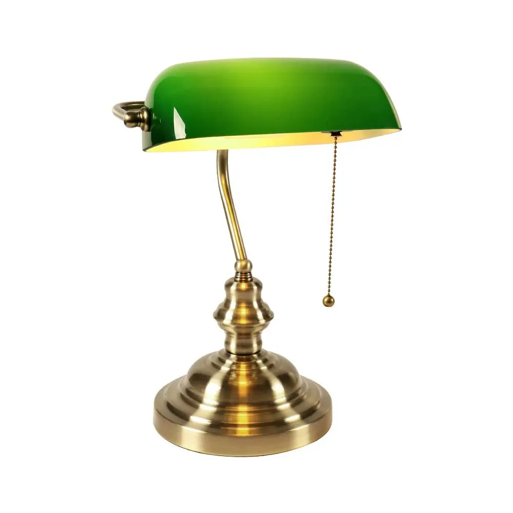 M-1099 Home Bedroom Living Room Pull Chain Green Banker Table Lamp