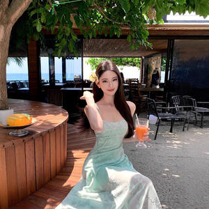 Vestido Largo de Verano Estilo A-Line con Jacquard Verde Menta, Sin Tirantes, Cintura Natural, Transpirable, Elegante, para Vacaciones en la Playa - Product Image 1