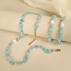 Collar de cuentas de piedra natural con forma irregular y acento de perlas, cadena para clavícula, joyería de regalo - Product Image 2