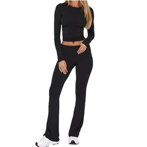 Haut de sport à manches longues pour le yoga, pantalon évasé à taille plissée, leggings, vêtements de sport, tenue de fitness, ensembles d'entraînement pour femmes - Product Image 1