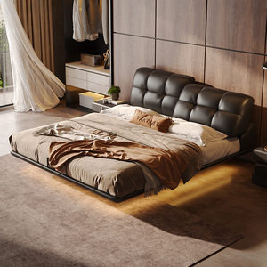 Puffbed met verstelbare rugleuning, Italiaans minimalistisch zwevend echt lederen kingsize bed voor de hoofdslaapkamer, zacht gestoffeerd - Product Image 3