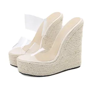 H0056 Itec Moda Verão Mulheres PVC Transparente Buckle Sandálias Plataforma De Palha Salto Alto Wedge Sandal Senhoras Wedge Shoes