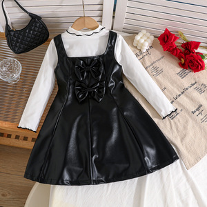 Spring Autumn Simple Fresh Style <strong>White</strong> Top + Black <strong>Leather</strong> Suspender <strong>Skirt</strong> Children's Girls Clothing Sets - Product Image 3